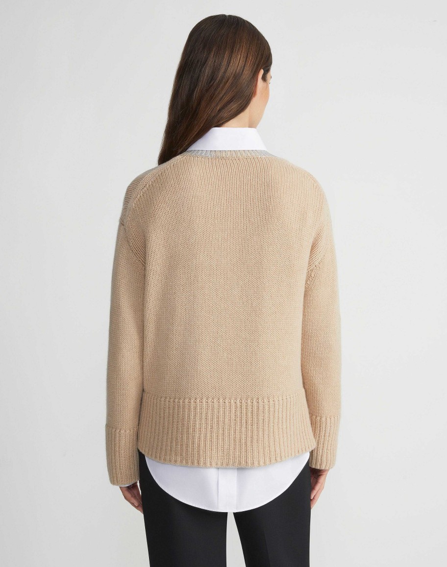 Lafayette 148 New York Sweaters & Knits | Metallic Foil Print Cashmere Crewneck Sweater Dune Foil