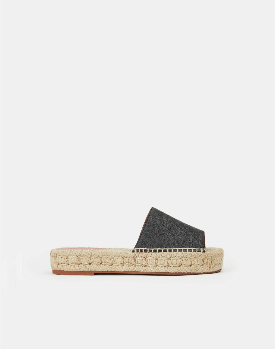 Lafayette 148 New York Sandals | Grained Calfskin Leather Espadrille Slide Black