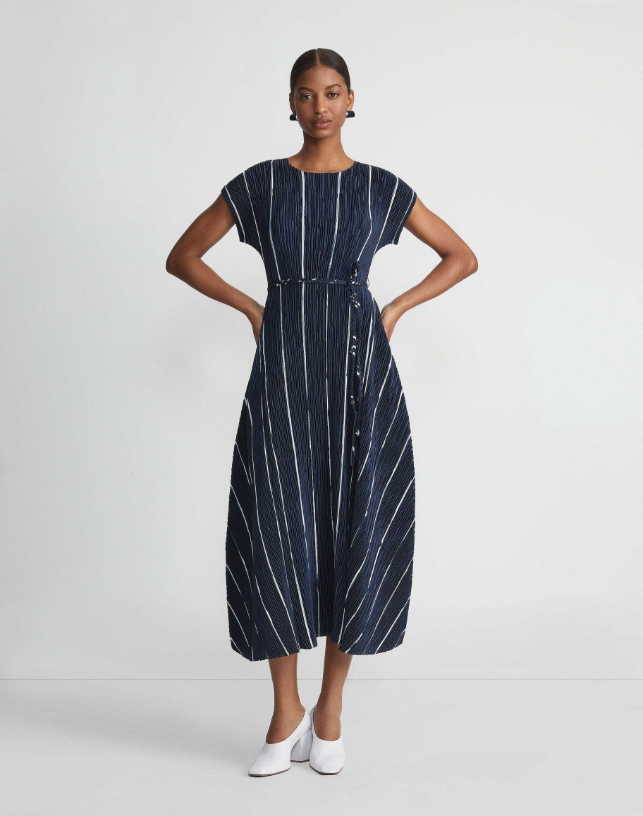 Lafayette 148 New York Dresses | Stripe Print Recycled Poly Satin Pliss Dress Ink Multi