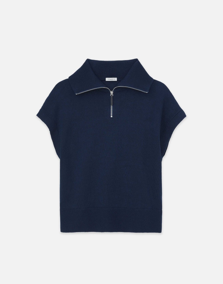 Lafayette 148 New York Sweaters & Knits | Cotton-Silk Tape Half Zip Sweater Midnight Blue