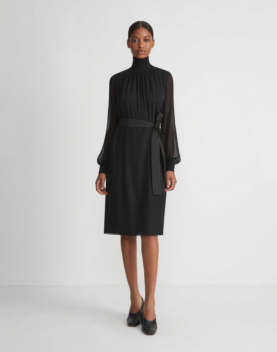 Lafayette 148 New York Dresses | Opaque & Sheer Silk Turtleneck Dress Black