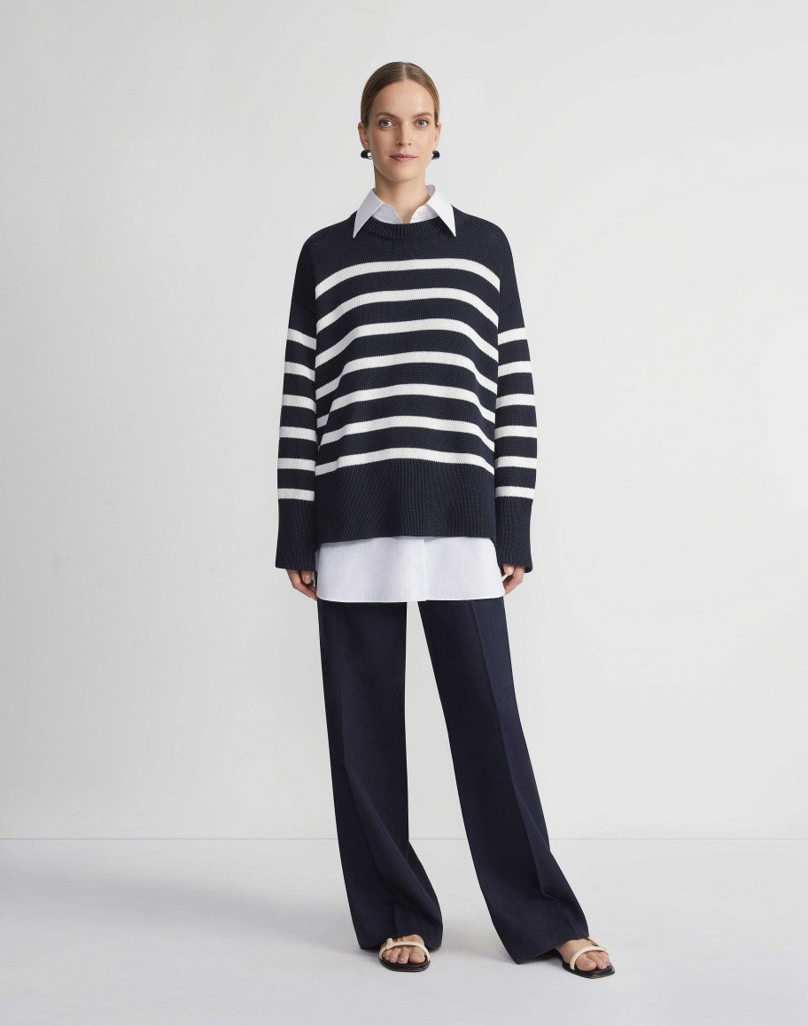 Lafayette 148 New York Sweaters & Knits | Naval Stripe Cotton-Silk Button Side Sweater Ink Multi