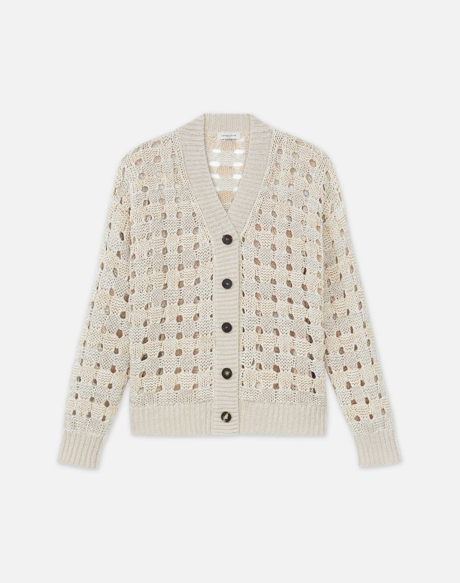 Lafayette 148 New York Sweaters & Knits | Gingham Sustainable Linen-Silk Chainette Open Stitch Cardigan Smoked Taupe Multi