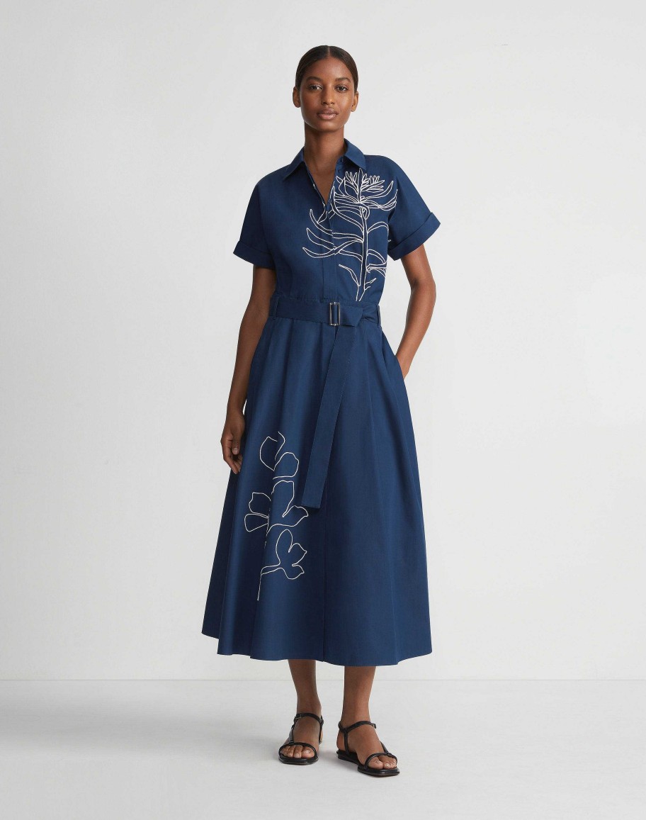 Lafayette 148 New York Dresses | Embroidered Rose Organic Cotton Poplin Shirtdress Midnight Blue