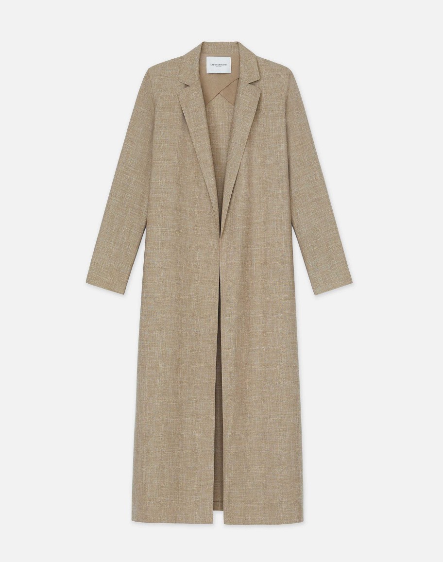 Lafayette 148 New York Jackets & Blazers | Virgin Wool Silk-Linen Open Front Duster Cadet Khaki Melange