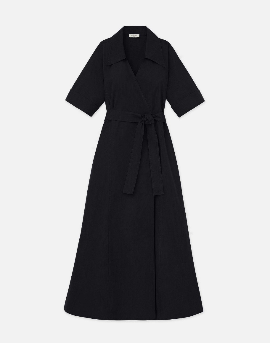 Lafayette 148 New York Dresses | Organic Cotton Poplin Surplice Shirtdress Black