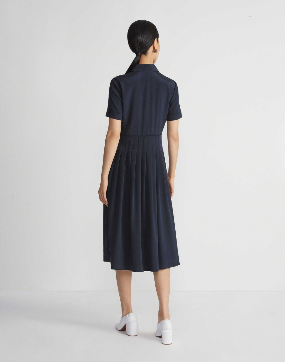 Lafayette 148 New York Dresses | Organic Silk Stretch Georgette Pleated Shirtdress Ink