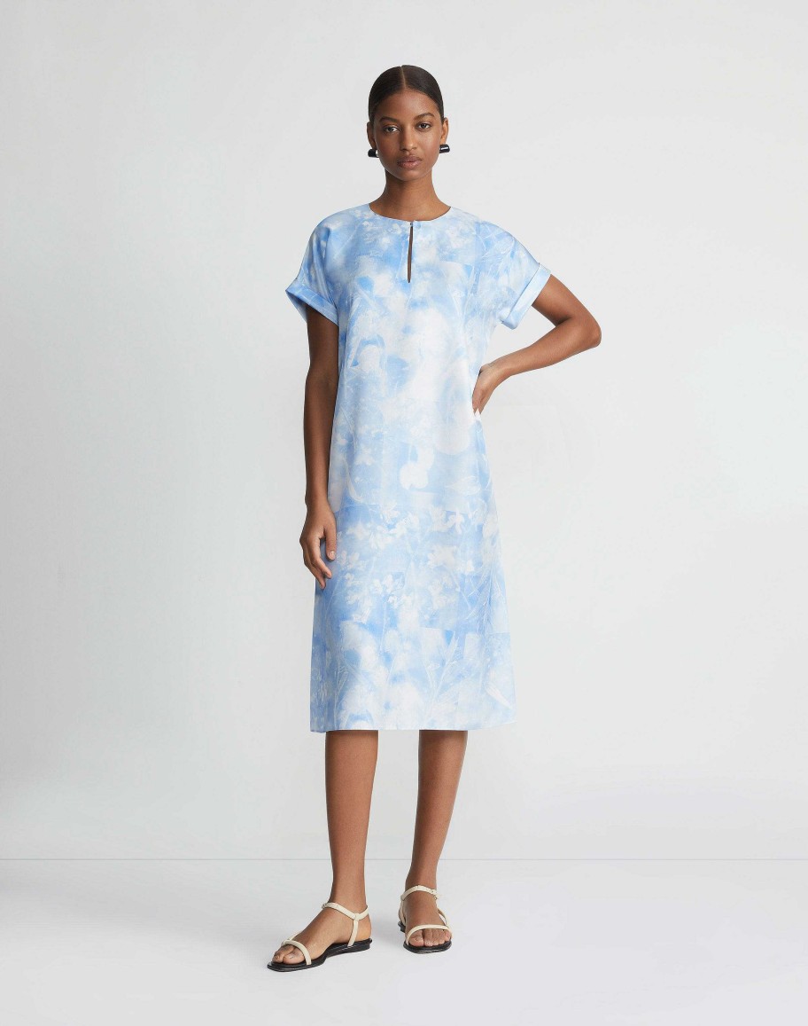 Lafayette 148 New York Dresses | Eco Flora Print Silk Twill T-Shirt Dress Sky Blue Multi