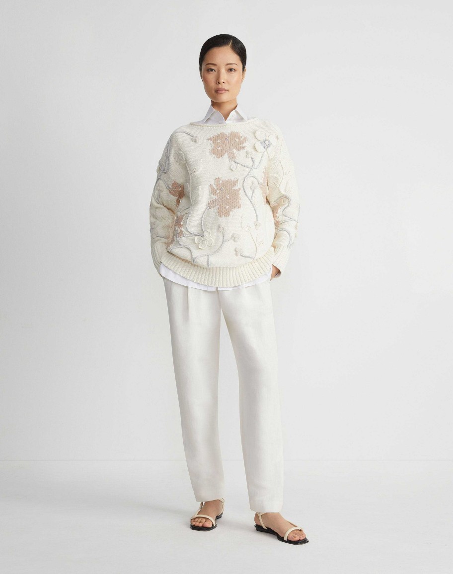 Lafayette 148 New York Sweaters & Knits | Hand-Embroidered Flora Bloom Cotton-Wool Chainette Sweater Creme Multi