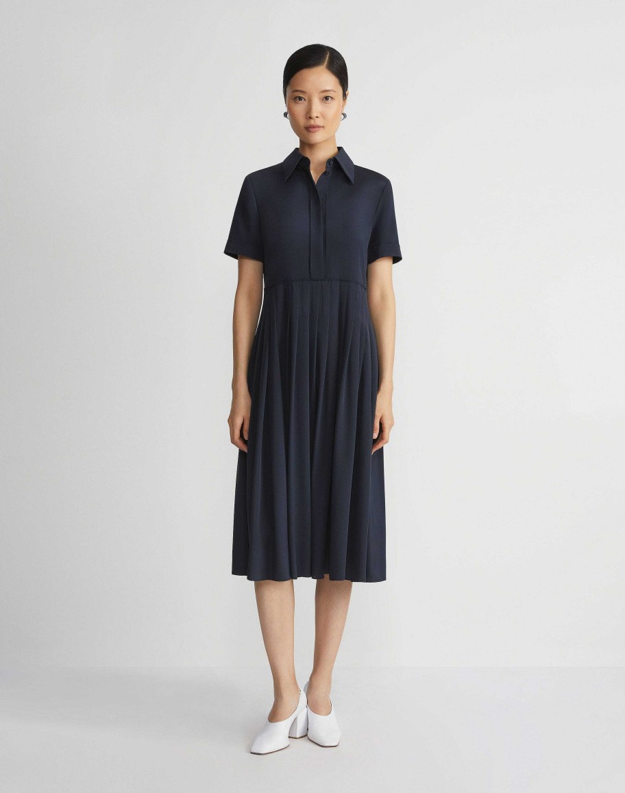 Lafayette 148 New York Dresses | Organic Silk Stretch Georgette Pleated Shirtdress Ink