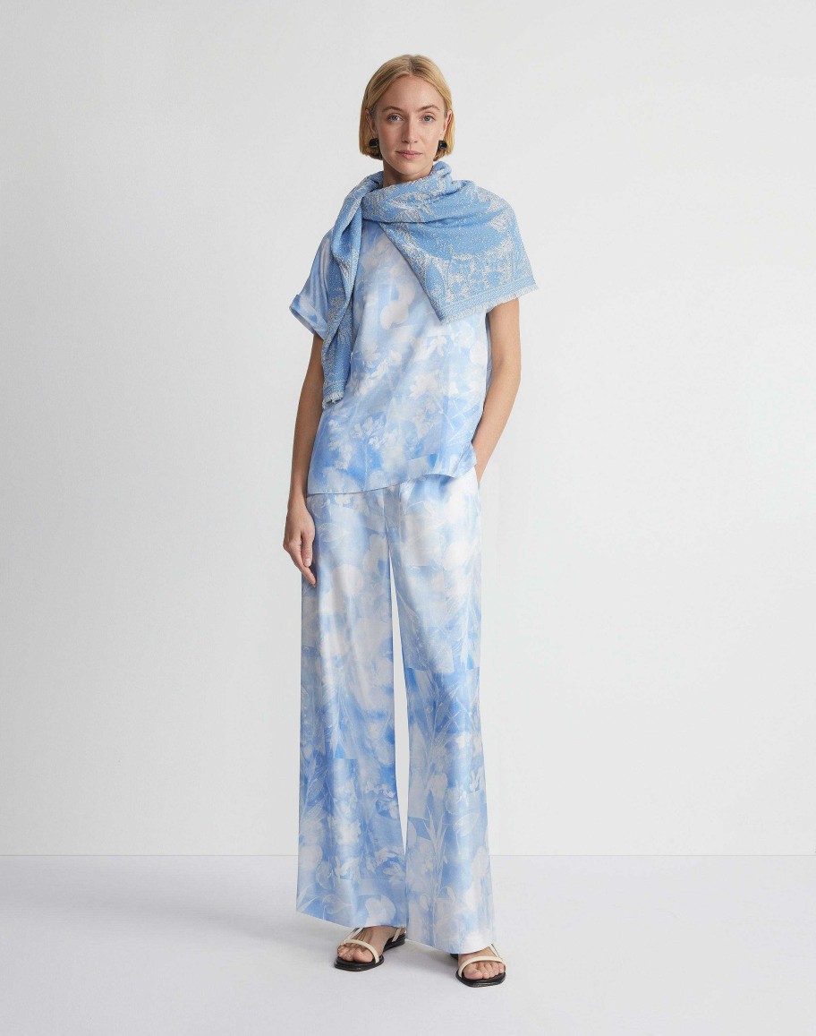 Lafayette 148 New York Blouses & Shirts | Eco Flora Print Silk Twill T-Shirt Blouse Sky Blue Multi