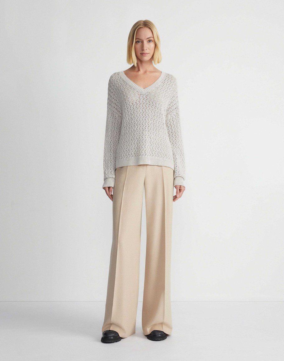 Lafayette 148 New York Sweaters & Knits | Sustainable Linen-Silk Sequin Cable V-Neck Sweater Smoked Taupe Metallic