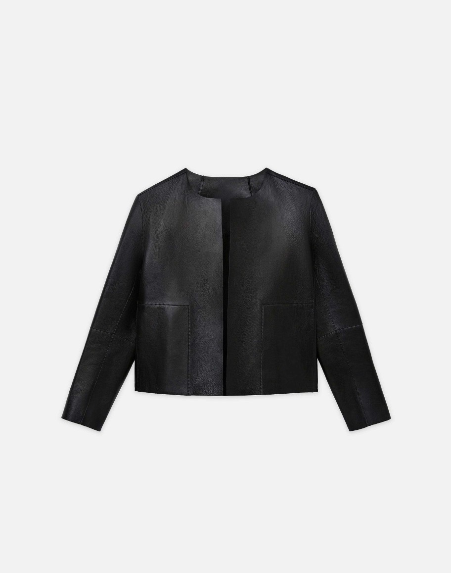 Lafayette 148 New York Jackets & Blazers | Nappa Leather Collarless Open Front Jacket Black