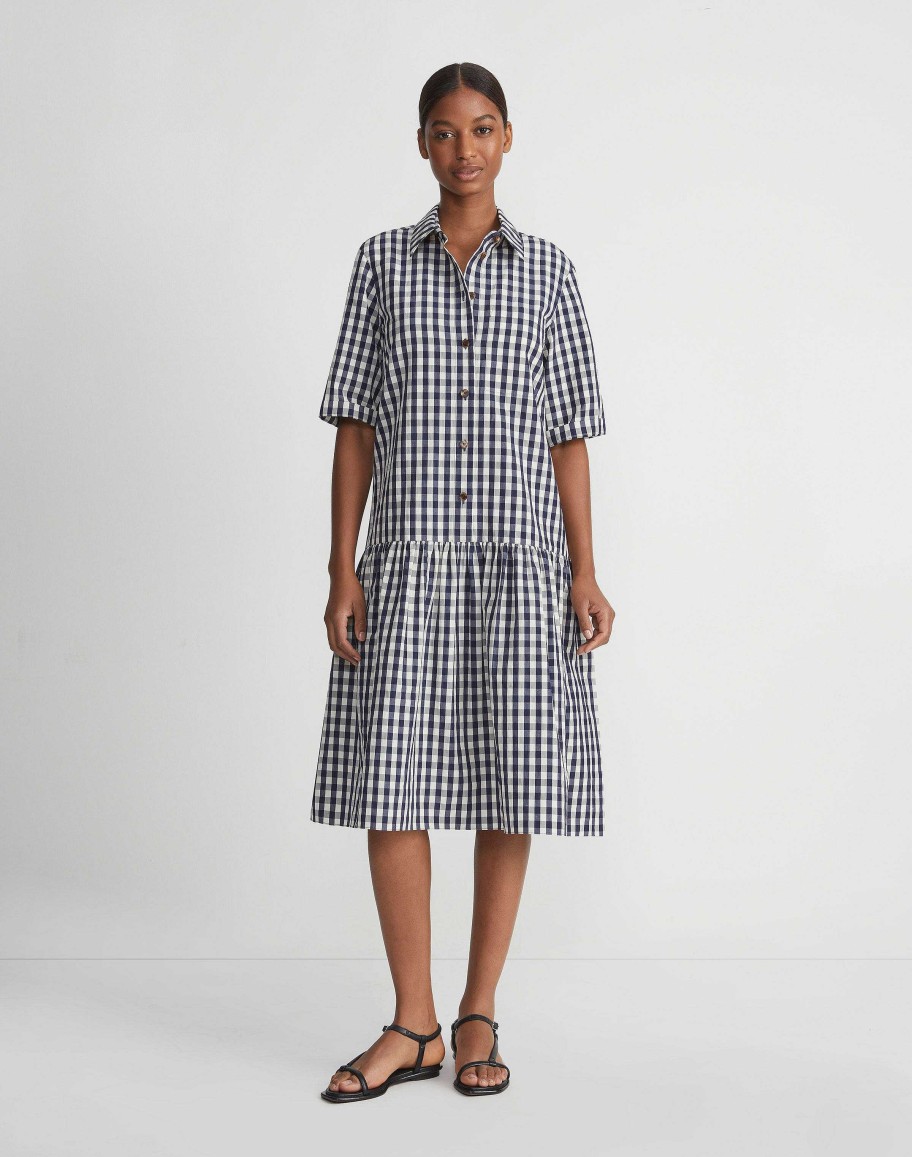 Lafayette 148 New York Dresses | Gingham Crinkle Cotton-Linen Drop Waist Shirtdress Midnight Blue Multi