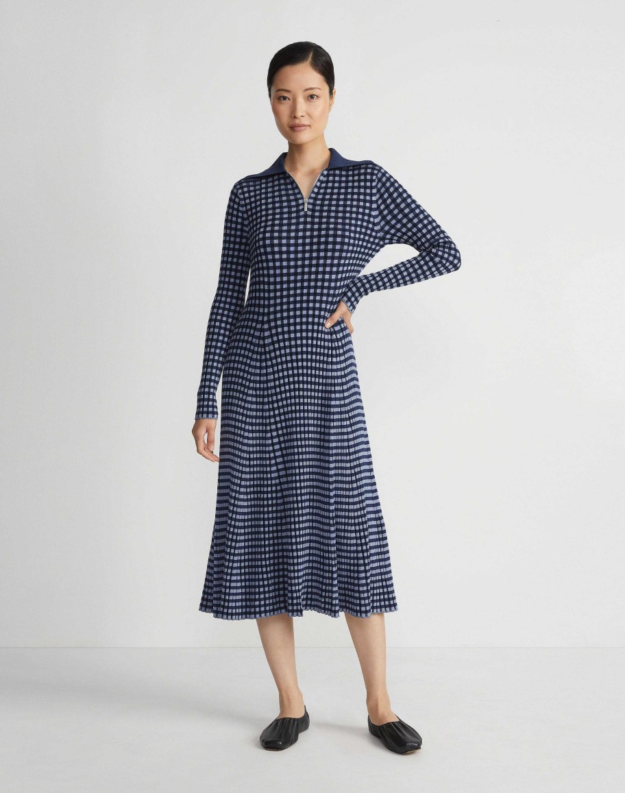 Lafayette 148 New York Dresses | Gingham Responsible Matte Crepe Collared Half-Zip Dress Midnight Blue Multi