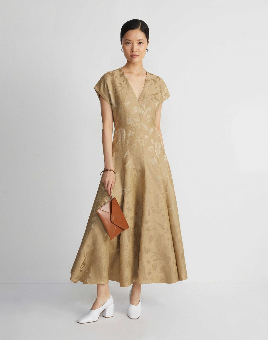 Lafayette 148 New York Dresses | Eco Flora Jacquard Linen-Viscose Flared Dress Cadet Khaki