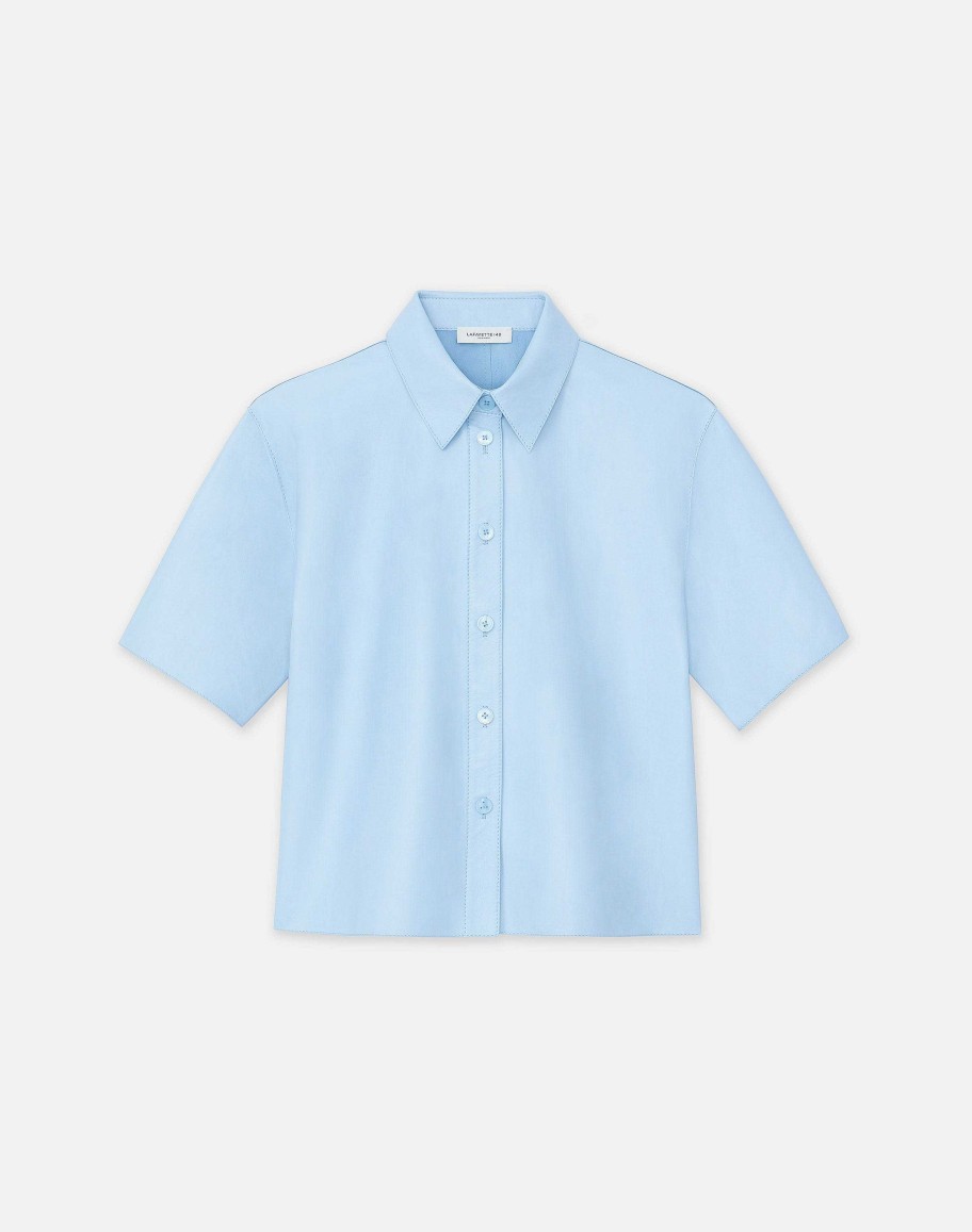 Lafayette 148 New York Blouses & Shirts | Lambskin Leather Short Sleeve Shirt Ice Water