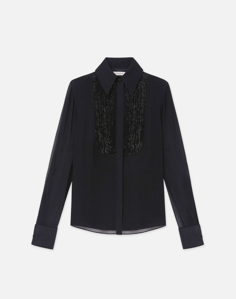 Lafayette 148 New York Blouses & Shirts | Hand-Beaded Silk Georgette Pintuck Blouse Black