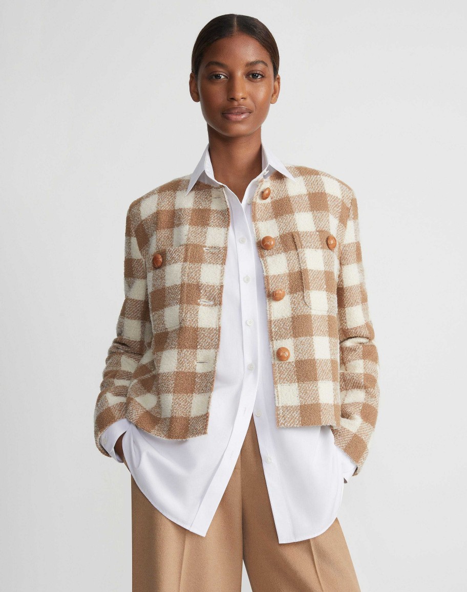 Lafayette 148 New York Jackets & Blazers | Gingham Wool Collarless Buttoned Jacket Camel Multi