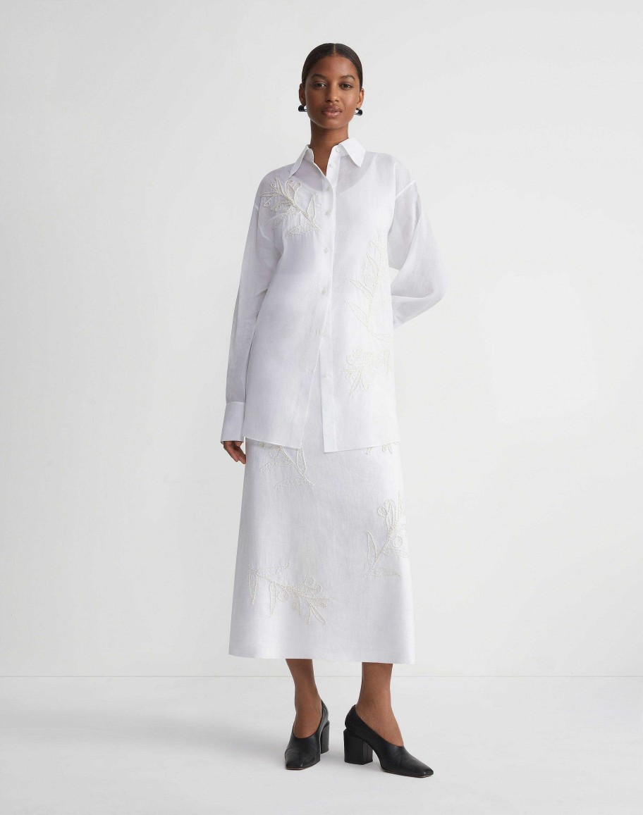 Lafayette 148 New York Skirts | Embroidered Flora Linen Skirt White