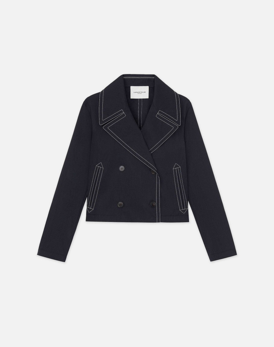 Lafayette 148 New York Jackets & Blazers | Cotton Twill Double Breasted Contrast Stitched Jacket Navy