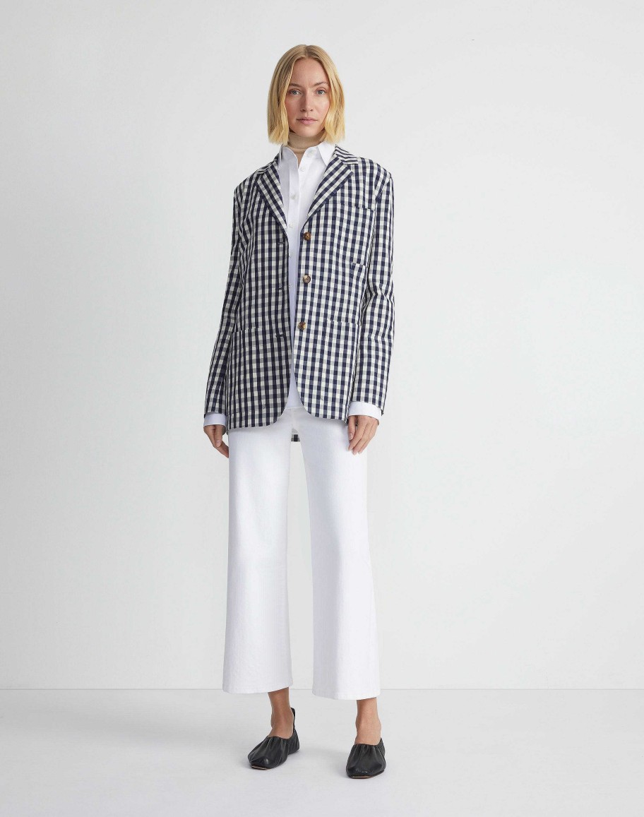 Lafayette 148 New York Jackets & Blazers | Gingham Crinkle Cotton-Linen Three Button Blazer Midnight Blue Multi