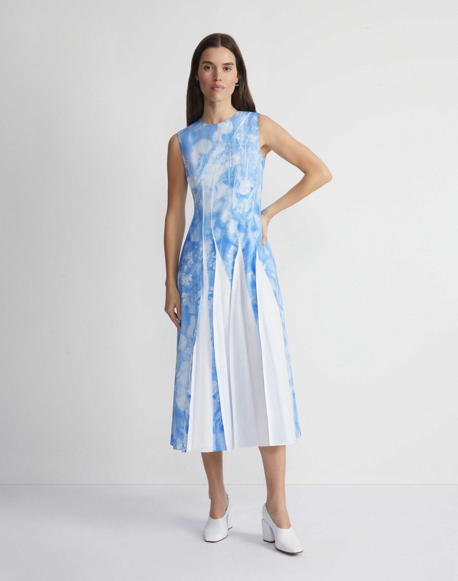 Lafayette 148 New York Dresses | Eco Flora Print Poplin Pleated Dress Sky Blue Multi