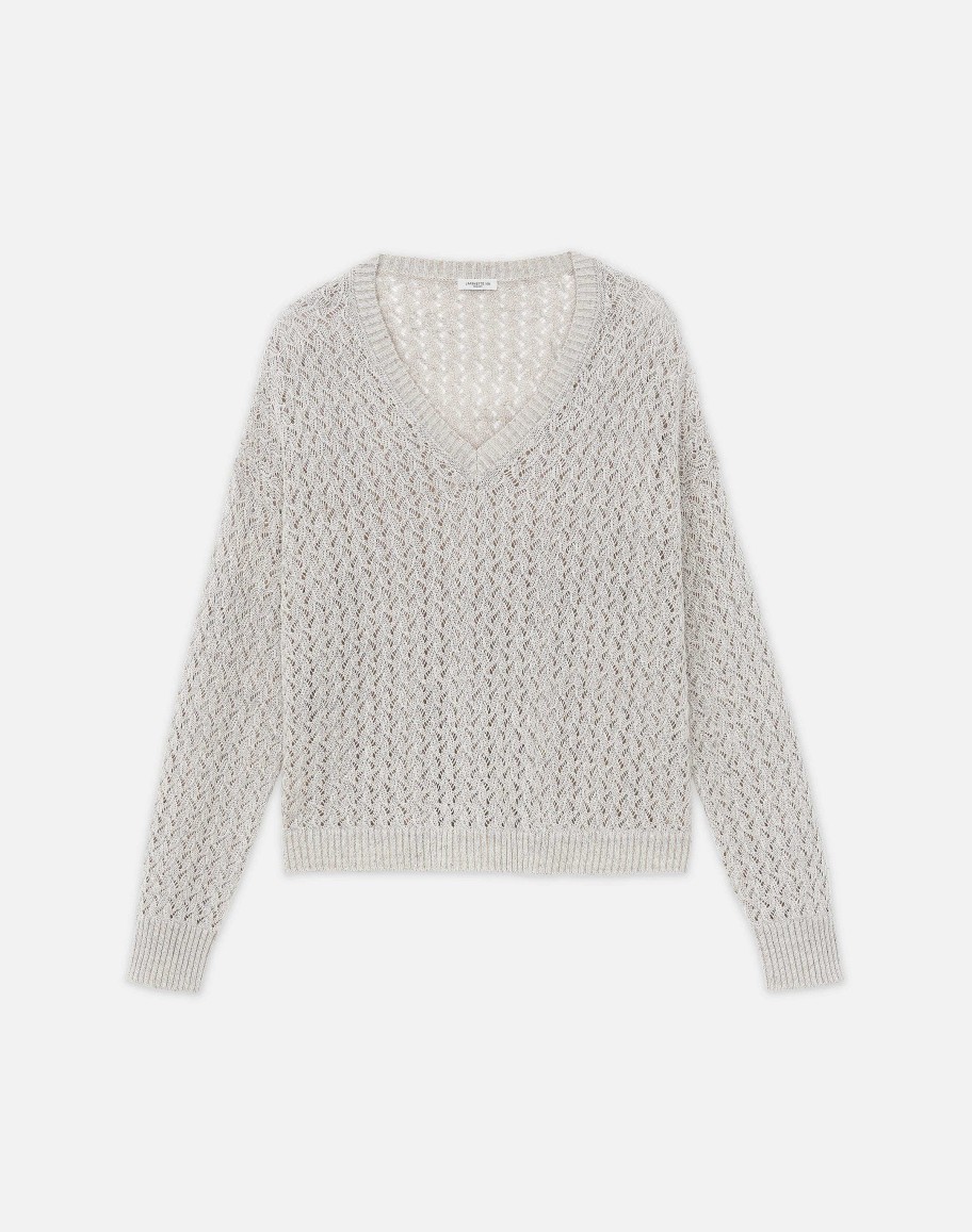 Lafayette 148 New York Sweaters & Knits | Sustainable Linen-Silk Sequin Cable V-Neck Sweater Smoked Taupe Metallic