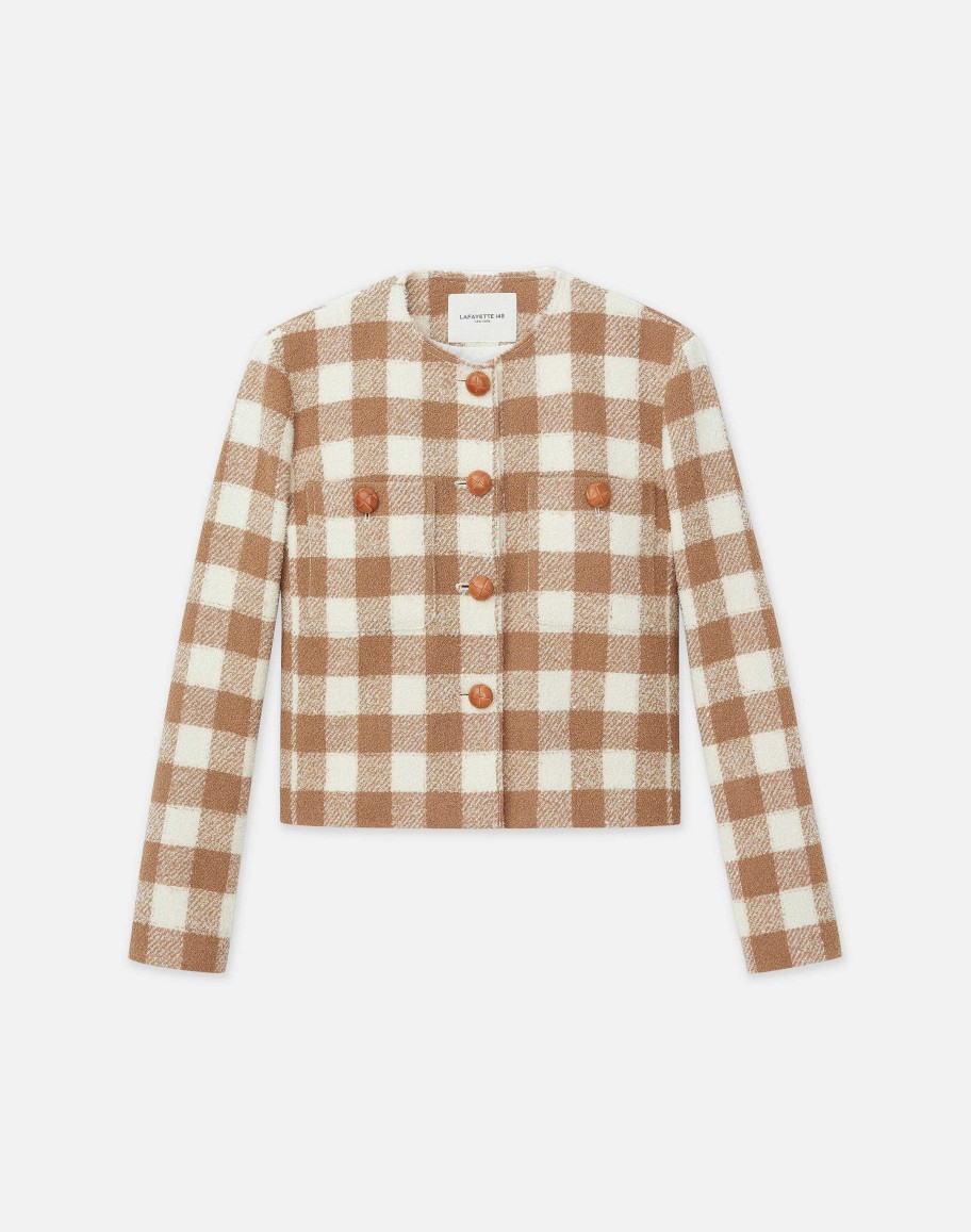 Lafayette 148 New York Jackets & Blazers | Gingham Wool Collarless Buttoned Jacket Camel Multi