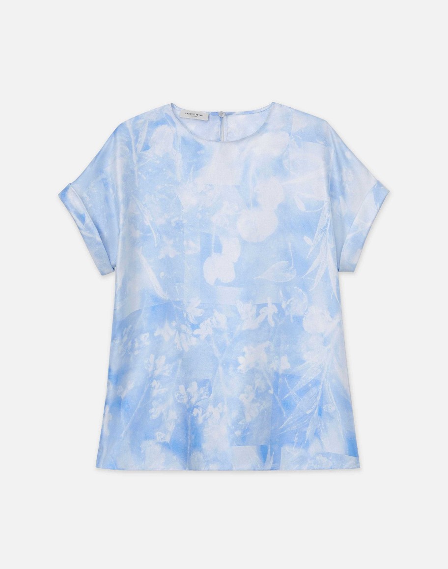 Lafayette 148 New York Blouses & Shirts | Eco Flora Print Silk Twill T-Shirt Blouse Sky Blue Multi