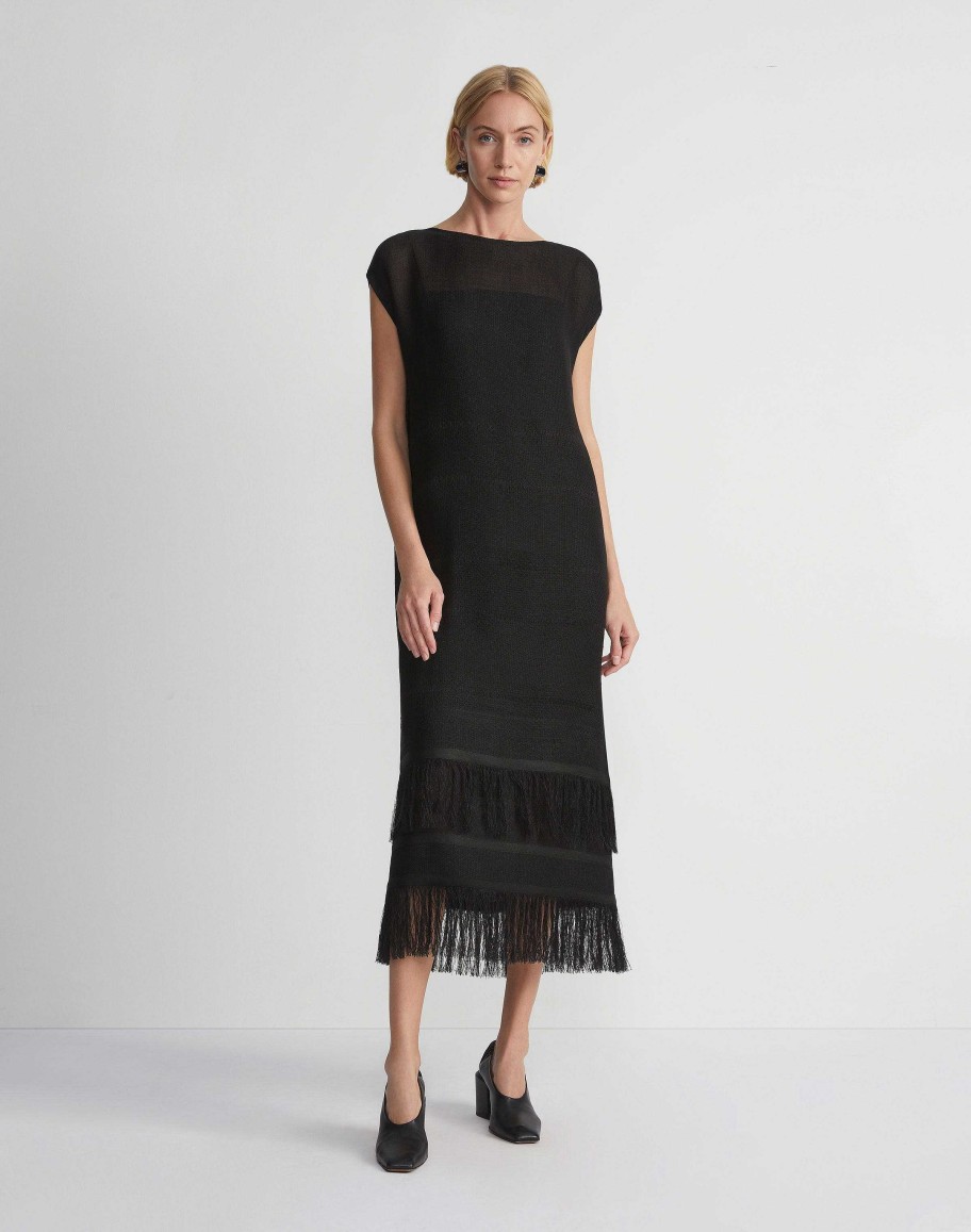 Lafayette 148 New York Dresses | Burlap Jacquard Linen Viscose-Silk Fringed Dress Black