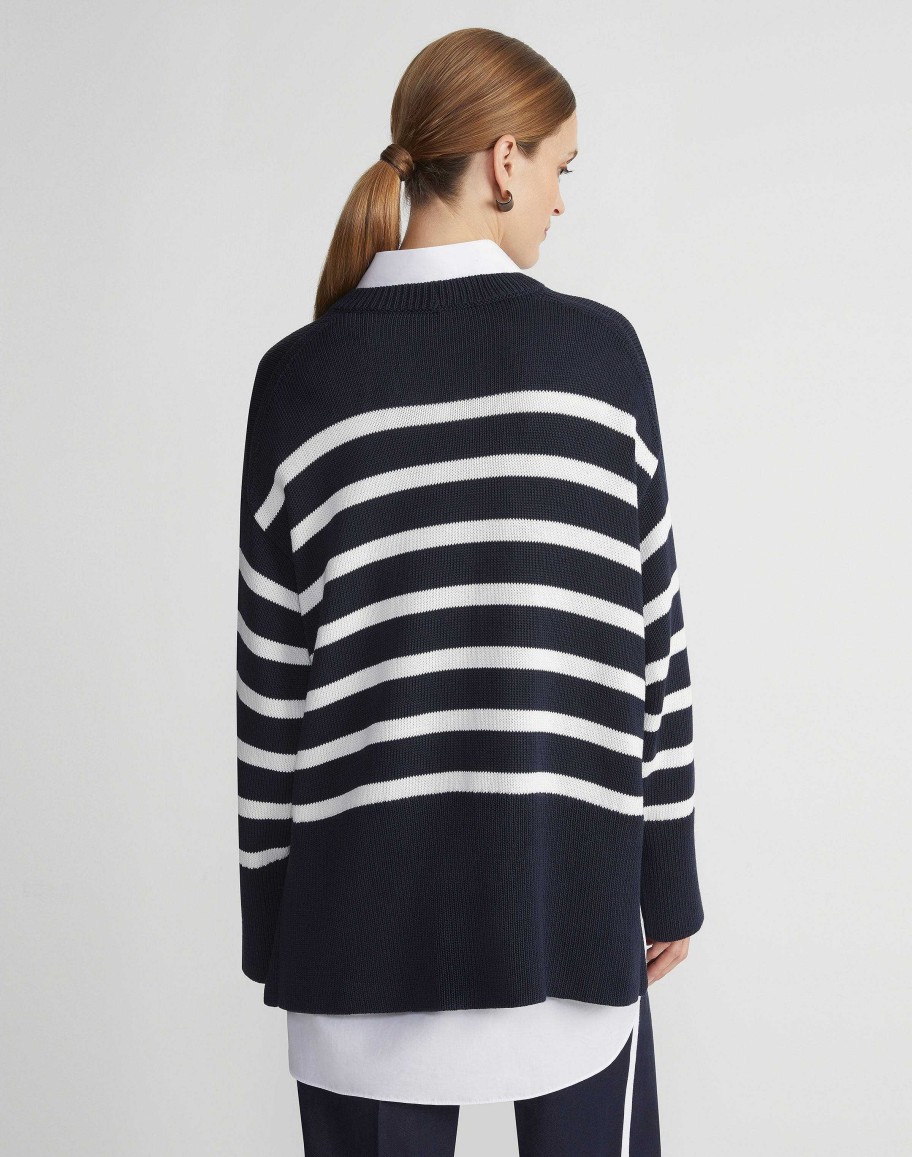 Lafayette 148 New York Sweaters & Knits | Naval Stripe Cotton-Silk Button Side Sweater Ink Multi