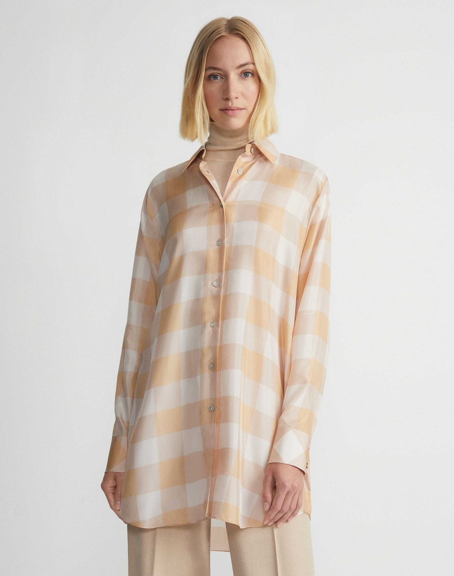 Lafayette 148 New York Blouses & Shirts | Painted Gingham Print Silk Habutai Oversized Blouse Maitake Multi