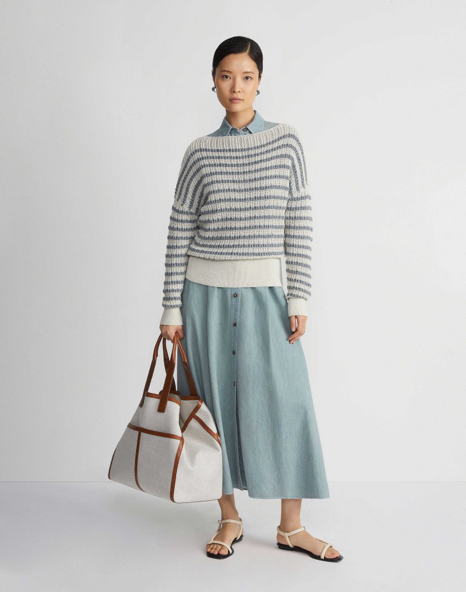 Lafayette 148 New York Denim | Stripe Organic Cotton & Denim Yarn Bateau Sweater Pebble Multi