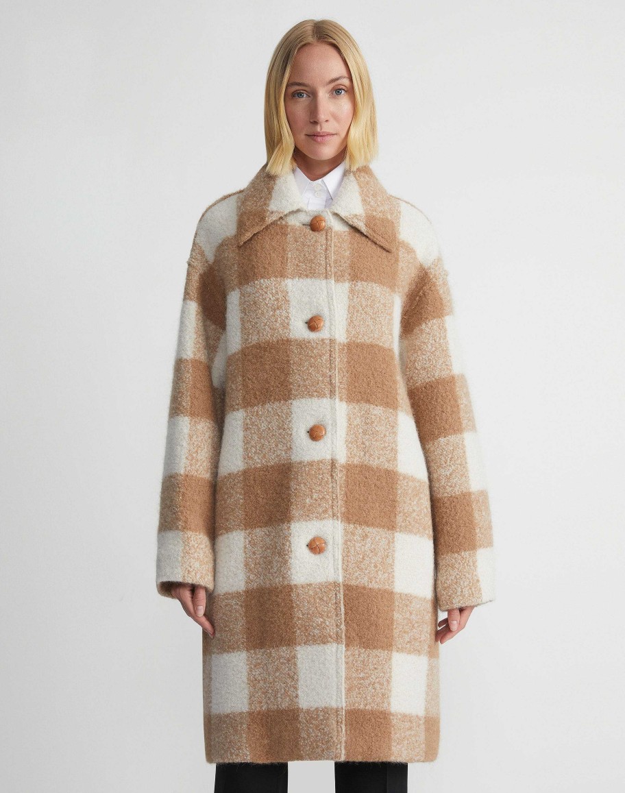 Lafayette 148 New York Coats & Outerwear | Gingham Alpaca-Wool Boucl Double Face Oversized Coat Camel Multi