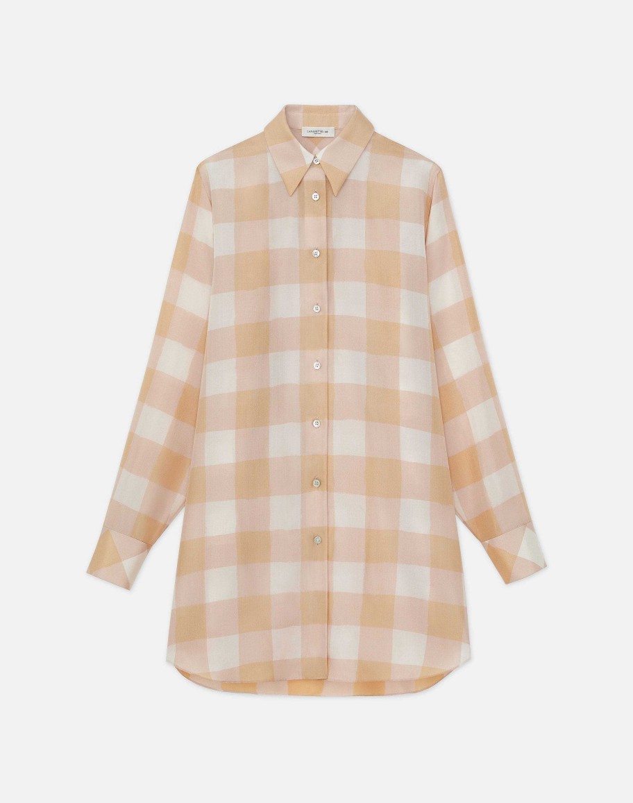 Lafayette 148 New York Blouses & Shirts | Painted Gingham Print Silk Habutai Oversized Blouse Maitake Multi