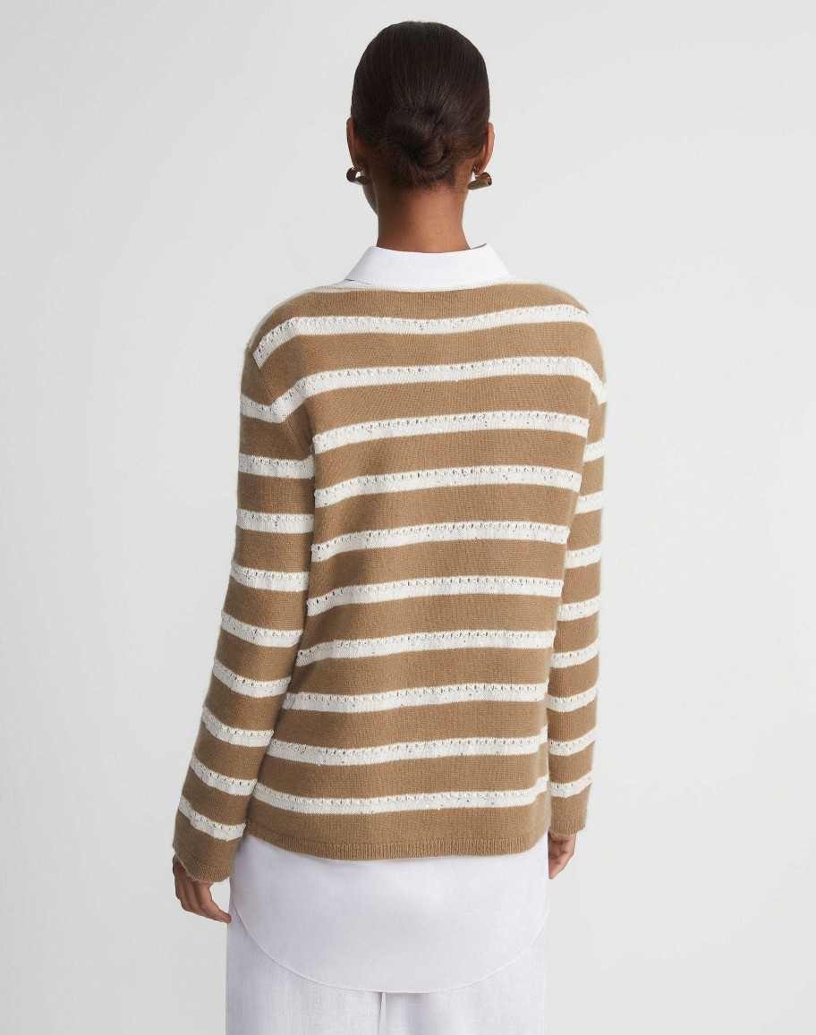 Lafayette 148 New York Sweaters & Knits | Stripe Sequined Cotton & Cashmere Sweater Cadet Khaki Metallic