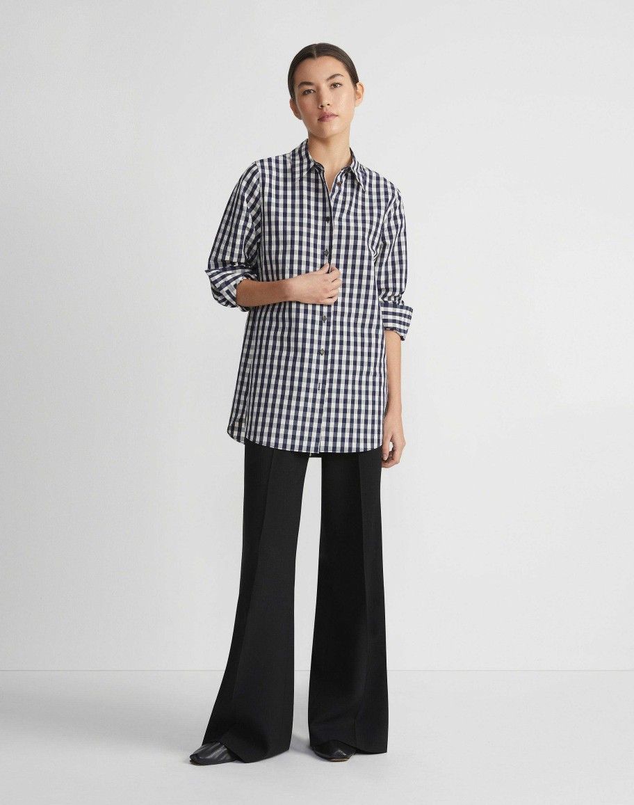 Lafayette 148 New York Blouses & Shirts | Gingham Crinkle Cotton-Linen Oversized Shirt Midnight Blue Multi