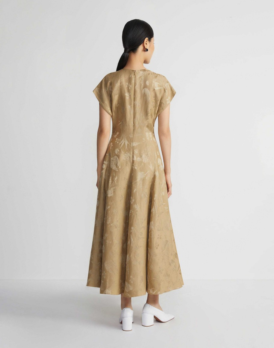 Lafayette 148 New York Dresses | Eco Flora Jacquard Linen-Viscose Flared Dress Cadet Khaki