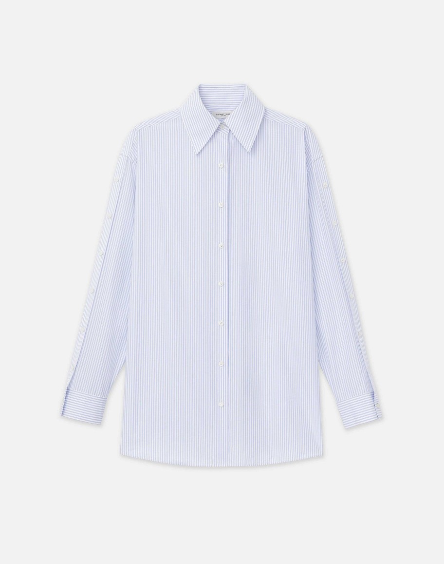 Lafayette 148 New York Dresses | Stripe Cotton Poplin Button Sleeve Oversized Shirt Wild Bluet Multi