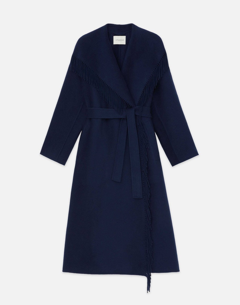 Lafayette 148 New York Jackets & Blazers | Brushed Cashmere Double Face Fringed Oversized Coat Midnight Blue