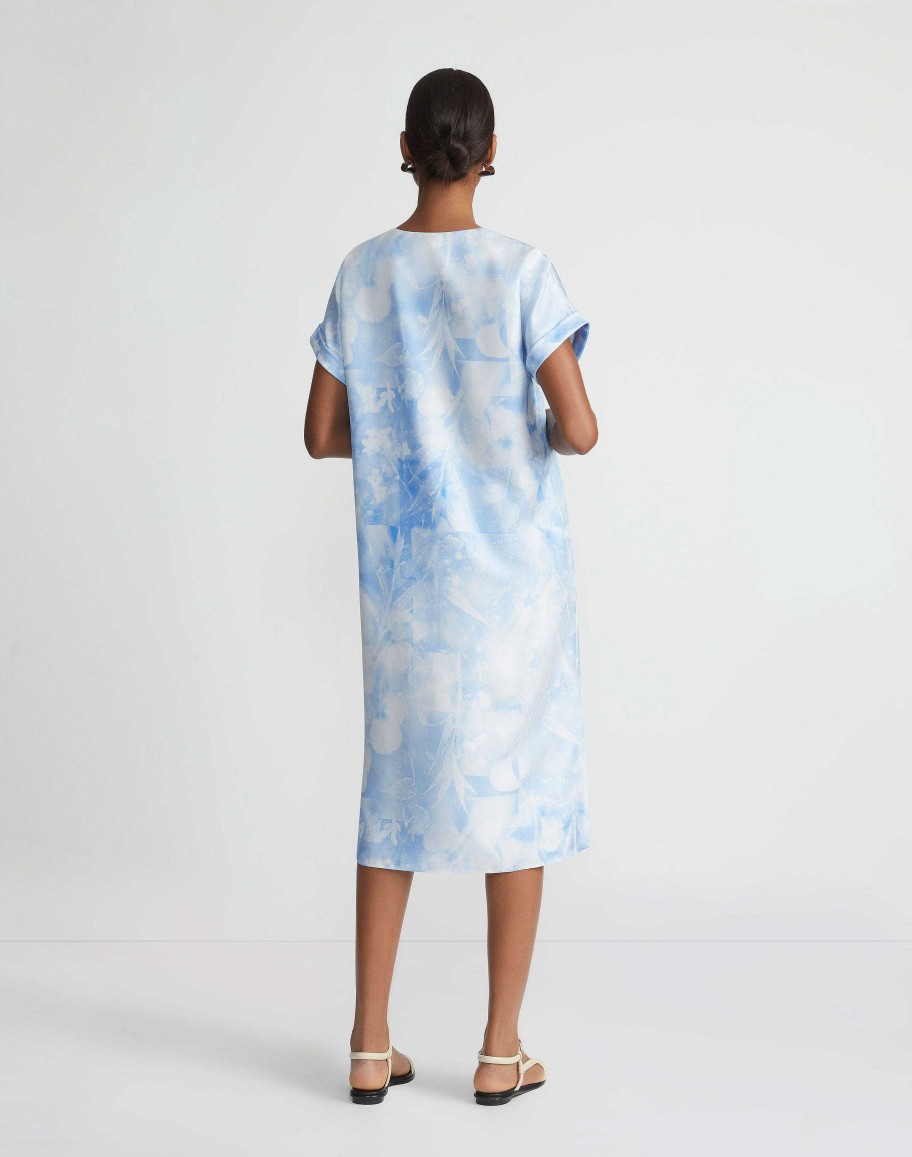 Lafayette 148 New York Dresses | Eco Flora Print Silk Twill T-Shirt Dress Sky Blue Multi