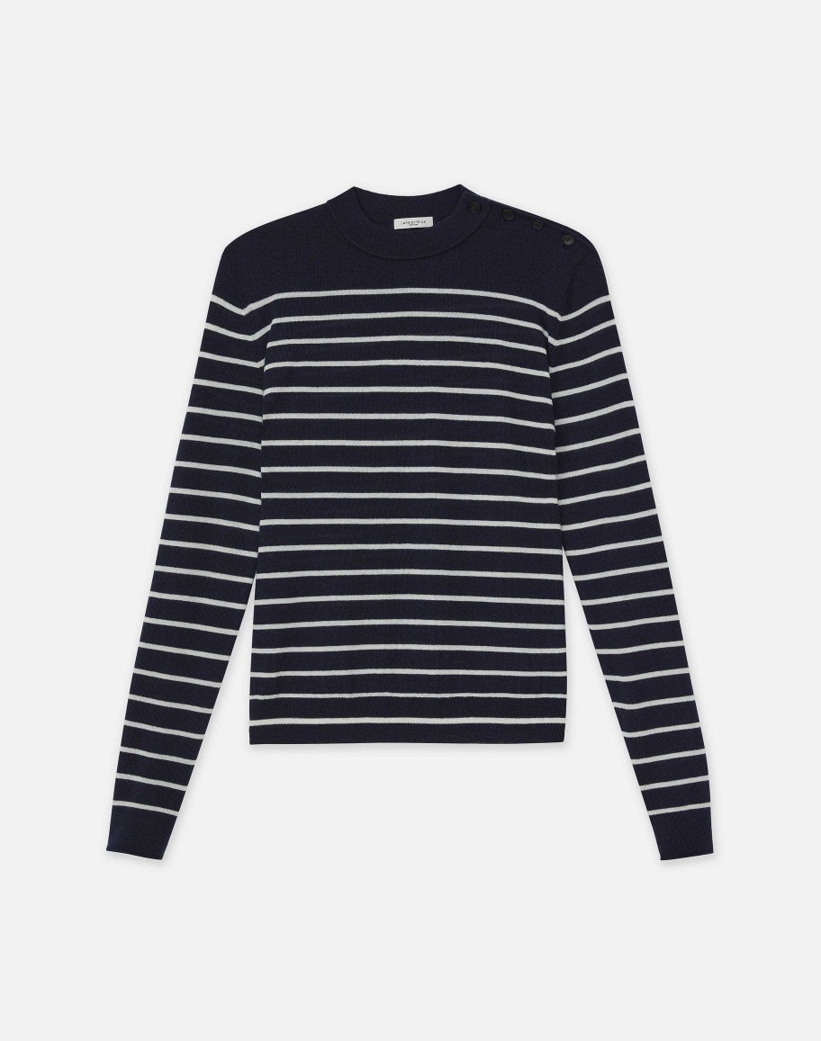 Lafayette 148 New York Sweaters & Knits | Naval Stripe Cashmere Button Shoulder Sweater Ink Multi