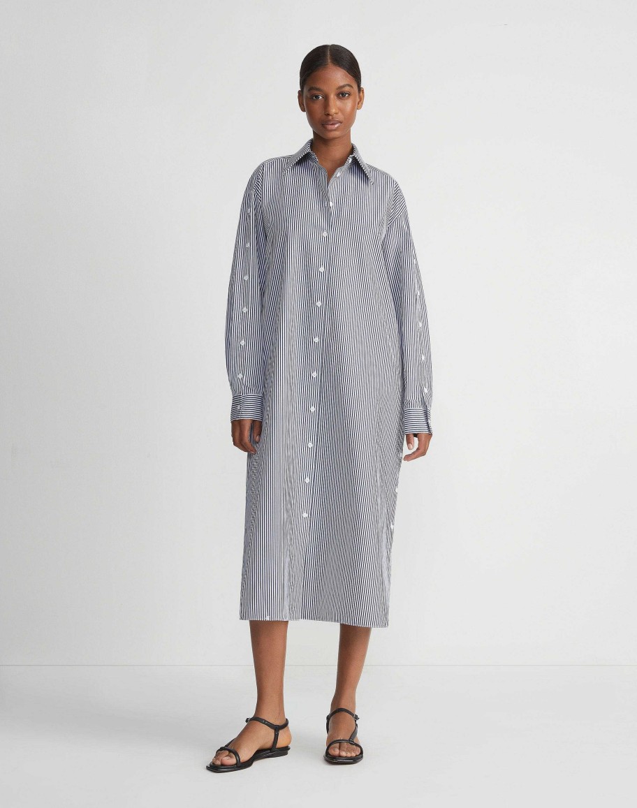 Lafayette 148 New York Dresses | Stripe Cotton Poplin Button Sleeve Oversized Shirtdress Midnight Blue Multi