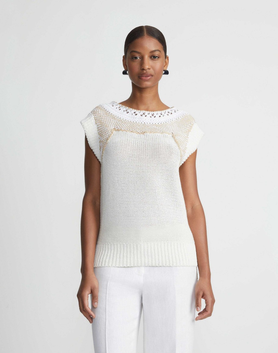 Lafayette 148 New York Sweaters & Knits | Cotton-Silk Hand Macram Trim Sweater White Multi