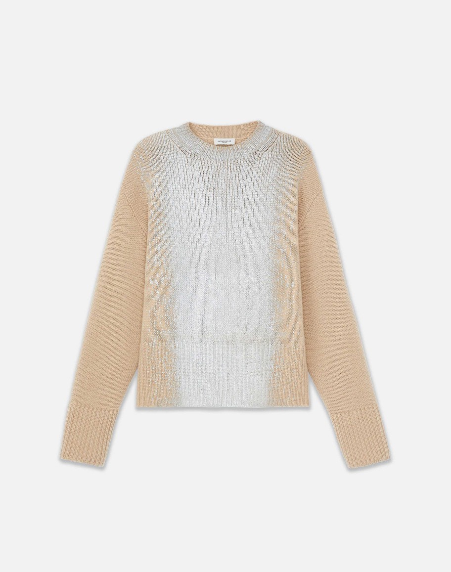 Lafayette 148 New York Sweaters & Knits | Metallic Foil Print Cashmere Crewneck Sweater Dune Foil