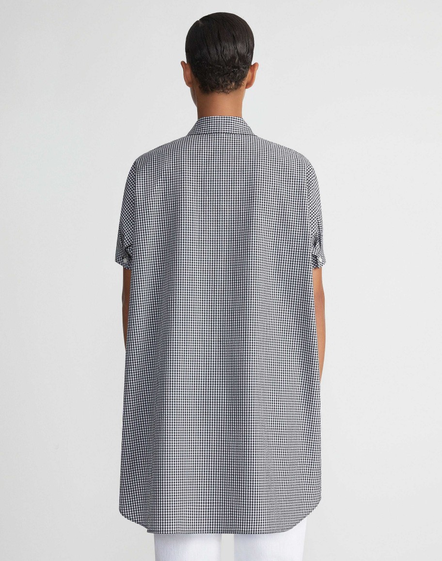 Lafayette 148 New York Blouses & Shirts | Micro Gingham Cotton Seersucker Oversized Shirt Midnight Blue Multi