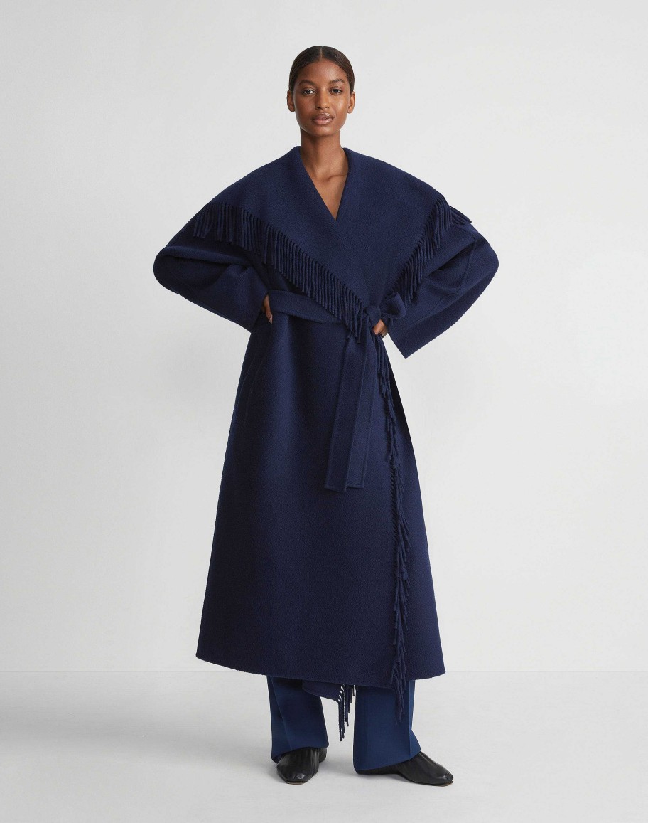 Lafayette 148 New York Jackets & Blazers | Brushed Cashmere Double Face Fringed Oversized Coat Midnight Blue