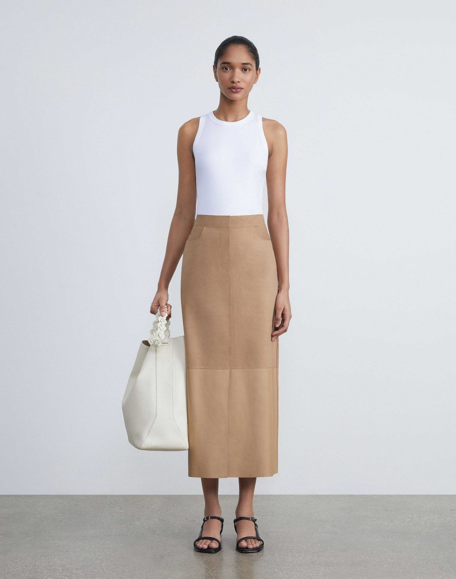 Lafayette 148 New York Skirts | Nubuck Suede & Nappa Leather Two-Tone Midi Skirt Oat