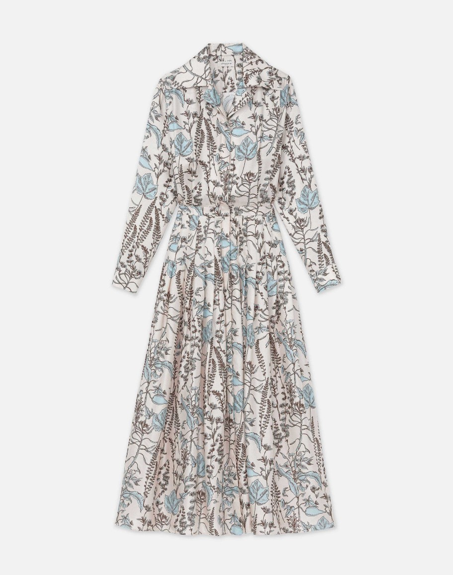 Lafayette 148 New York Dresses | Flora Trail Print Silk Twill Pleated Shirtdress Pampas Plume Multi